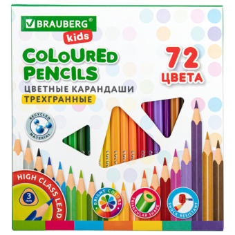 картинка Карандаши цветные, BRAUBERG KIDS, 72 цвета, трехгранные, грифель мягкий 3 мм, 181947 от магазина МОЛТИ