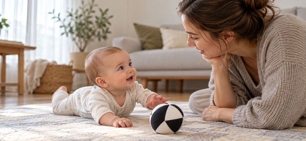 Родитель спокойно играет с бодрствующим младенцем дома