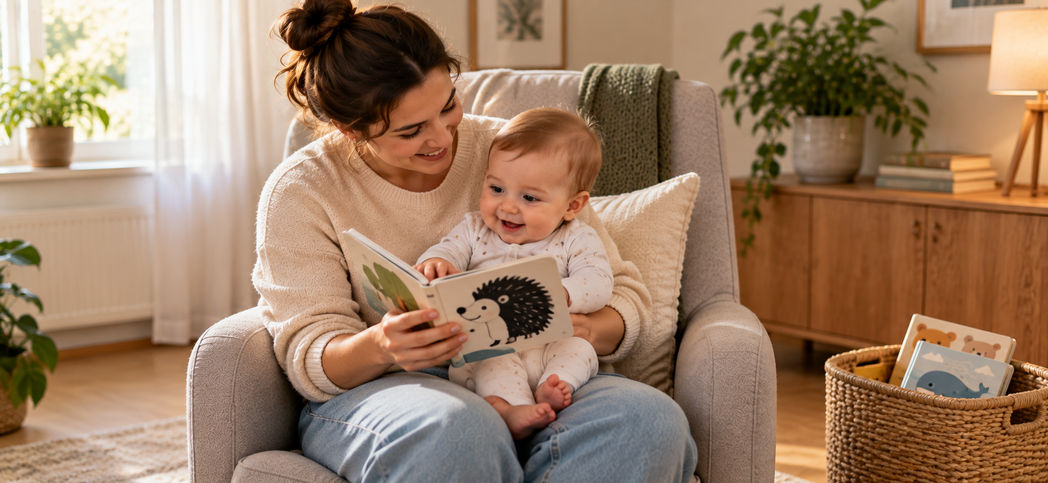 Родитель рассматривает первую книгу вместе с младенцем