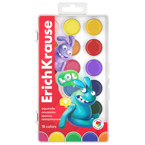 Краски акварельные ERICH KRAUSE "Jolly Friends", 18 цветов, пластиковый пенал, европодвес, 61367