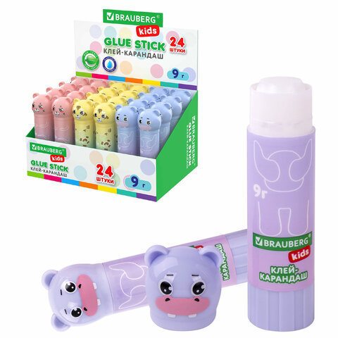 Клей-карандаш "Пастельные зверята: мышка, тигр, бегемот" 9 г, фиг.  колпачок, BRAUBERG KIDS, 271140