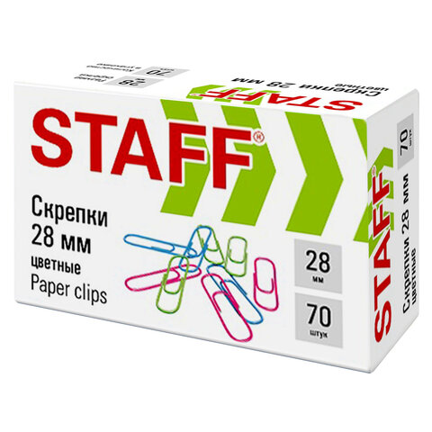 Скрепки STAFF 28 мм цветные 70 штук, 271708