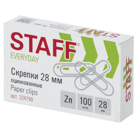 Скрепки STAFF, 28 мм, оцинкованные, 100 шт., в картонной коробке, 224799