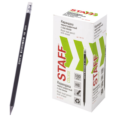 Карандаш чернографитный STAFF "College" BLP-712, 1 шт., НВ, с ластиком, пластик, корпус черный, 181712