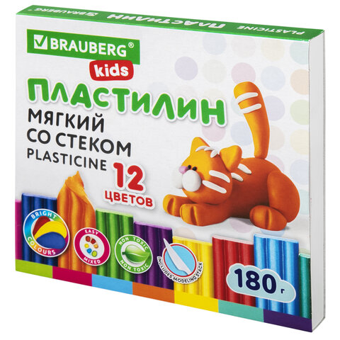 Пластилин мягкий восковой BRAUBERG KIDS, 12 цветов, 180 г, со
стеком, 106495