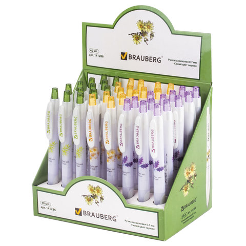 Ручка шариковая автоматическая с грипом BRAUBERG "Herb Time", СИНЯЯ, корпус ассорти, узел 0,7 мм, линия письма 0,35 мм, 141286