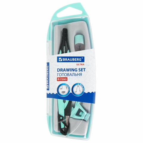 Готовальня BRAUBERG ULTRA, 4 предмета: циркуль 135 мм, запасной грифель, насадка, мятный цвет, 210824