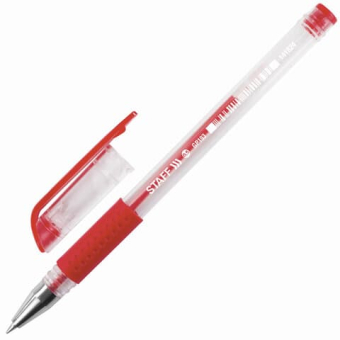 картинка Ручка гелевая STAFF, корпус прозрачный, узел 0,5мм, линия 0,35мм, резиновый упор, красная, 141824 от магазина МОЛТИ