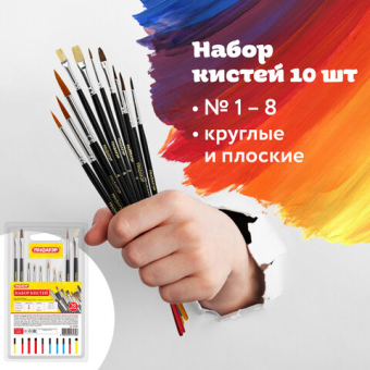 картинка Кисти ПИФАГОР, набор 10 шт. (ПОНИ: плоская № 4, круглые № 1, 2, 3, 5; СИНТЕТИКА: круглые № 1, 3, 5; ЩЕТИНА: плоские № 4, 8), блистер, 200505 от магазина МОЛТИ