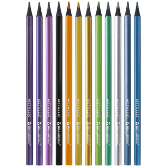 картинка Карандаши цветные BRAUBERG METALLIC, 12 цветов металлик, трехгранные, грифель 3 мм, черное дерево, 181853 от магазина МОЛТИ