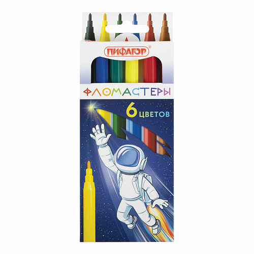 Фломастеры ПИФАГОР "Космическая одиссея", 6 цветов, вентилируемый колпачок, 152443
