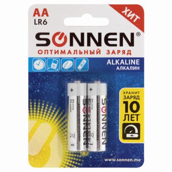 картинка Батарейки КОМПЛЕКТ 2 шт., SONNEN Alkaline, АА (LR6, 15А), алкалиновые, пальчиковые, блистер, 451084 от магазина МОЛТИ