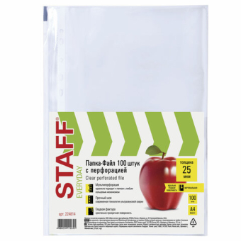 картинка Папки-файлы перфорированные, А4, STAFF "STANDARD", КОМПЛЕКТ 100 шт., гладкие, 25 мкм, 224814 от магазина МОЛТИ