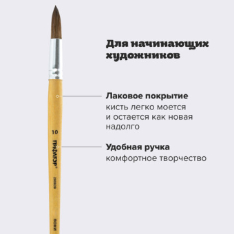 картинка Кисть ПИФАГОР, ПОНИ, круглая, № 10, деревянная лакированная ручка, колпачок, пакет с подвесом, 200839 от магазина МОЛТИ