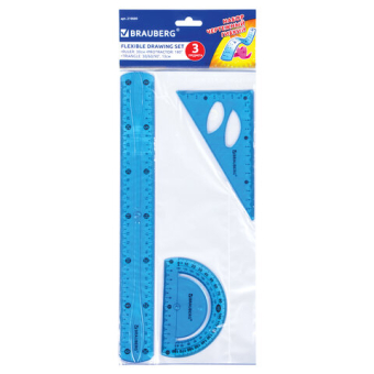 картинка Набор чертежный большой гибкий BRAUBERG "FLEX" (линейка 30 см, треугольник, транспортир), ассорти, 210680 от магазина МОЛТИ