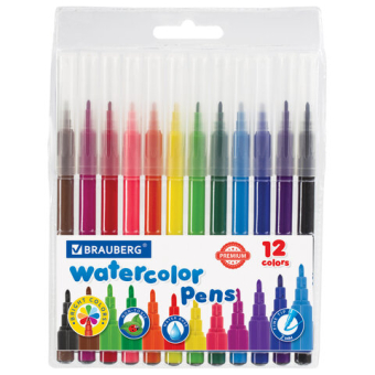 картинка Фломастеры BRAUBERG "PREMIUM", 12 цветов, КЛАССИЧЕСКИЕ, вентилируемый колпачок, ПВХ-упаковка с европодвесом, 151934 от магазина МОЛТИ