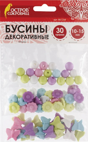 Бусины для творчества "Микс №2", 10-15 мм, 30г., 6 цветов, ПАСТЕЛЬ, ОСТРОВ СОКРОВИЩ, 661254