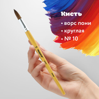 картинка Кисть ПИФАГОР, ПОНИ, круглая, № 10, деревянная лакированная ручка, колпачок, пакет с подвесом, 200839 от магазина МОЛТИ