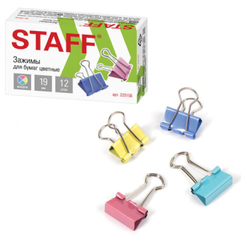 картинка Зажимы для бумаг STAFF "Profit", КОМПЛЕКТ 12 шт., 19 мм, на 60 листов, цветные, картонная коробка, 225156 от магазина МОЛТИ