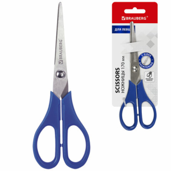 картинка Ножницы BRAUBERG для левши "Left hand", 170 мм, синие, 2-х сторонняя заточка, 236785 от магазина МОЛТИ