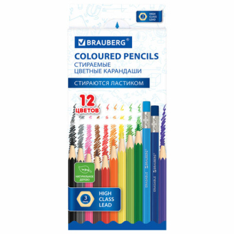 картинка Карандаши цветные стираемые с ластиком BRAUBERG ERASABLE, 12 цветов, шестигранные, грифель 3 мм, натуральное дерево, 181932 от магазина МОЛТИ