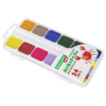 картинка Краски акварельные BRAUBERG KIDS, медовые, 24 цвета, квадратные кюветы, пластиковый пенал, 192284 от магазина МОЛТИ
