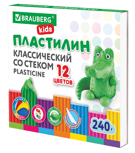 Пластилин классический BRAUBERG KIDS, 12 цветов, 240 грамм, стек, ВЫСШЕЕ КАЧЕСТВО, 106436