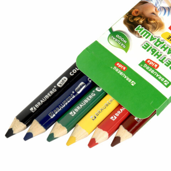 картинка Карандаши цветные толстые для малышей 6 цветов, трехгранные, натуральное дерево, BRAUBERG KIDS, 182057 от магазина МОЛТИ