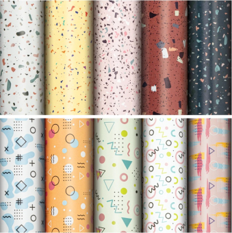 картинка Бумага упаковочная мелованная "Terrazzo&Memphis" 70*100см, 10 дизайнов ассорти ЗОЛОТАЯ СКАЗКА 592054 от магазина МОЛТИ