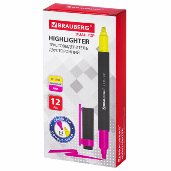 картинка Текстовыделитель двусторонний BRAUBERG, ЖЕЛТЫЙ/РОЗОВЫЙ, линия 1-4 мм, 150840 от магазина МОЛТИ