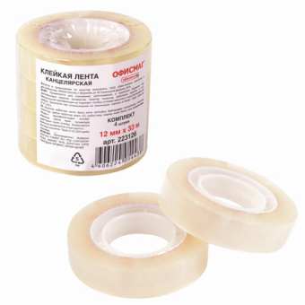 картинка Клейкие ленты 12 мм х 33 м канцелярские ОФИСМАГ, комплект 4 шт., прозрачные, гарантированная длина, 223126 от магазина МОЛТИ