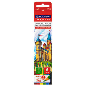 картинка Карандаши цветные мягкие BRAUBERG АКАДЕМИЯ, 6 цветов, шестигранные, грифель 3 мм, натуральное дерево, 181863 от магазина МОЛТИ