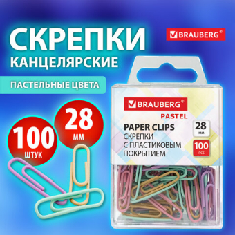 картинка Скрепки BRAUBERG PASTEL, 28 мм, пастельные цвета, 100 шт., в пластиковой коробке, 271956 от магазина МОЛТИ