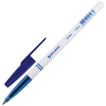 картинка Ручка шариковая BRAUBERG Офисная, корпус белый, узел 1мм, линия письма 0,5мм, синяя, 140662 от магазина МОЛТИ
