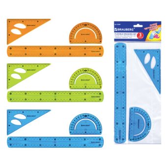 картинка Набор чертежный большой гибкий BRAUBERG "FLEX" (линейка 30 см, треугольник, транспортир), ассорти, 210680 от магазина МОЛТИ