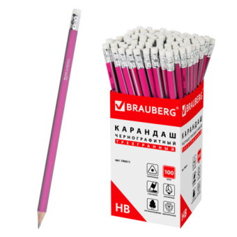 картинка Карандаш чернографитный BRAUBERG, 1 шт., "Alderida", НВ, трехгранный, с ластиком, корпус розовый, заточенный, 180611 от магазина МОЛТИ