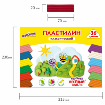 картинка Пластилин классический ЮНЛАНДИЯ "ВЕСЁЛЫЙ ШМЕЛЬ", 36 цветов, 720 грамм, СО СТЕКОМ, ВЫСШЕЕ КАЧЕСТВО, 106434 от магазина МОЛТИ