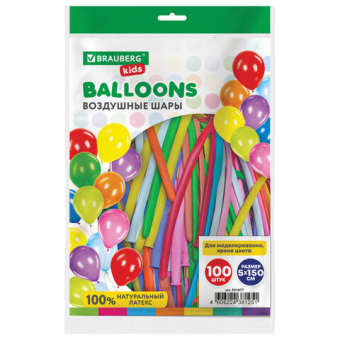 картинка Шары воздушные для моделирования 5х150 см, 100 штук, ассорти, BRAUBERG KIDS, 591877 от магазина МОЛТИ