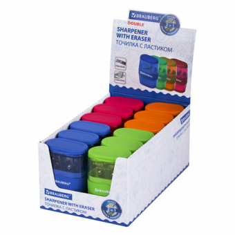 картинка Точилка с ластиком 2 в 1 BRAUBERG "Double", 2 отверстия, яркие цвета корпуса ассорти, 271987 от магазина МОЛТИ
