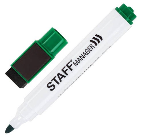 Маркер стираемый для белой доски на магните со стирателе, ЗЕЛЕНЫЙ, STAFF Manager WBM-002, 3мм,152005
