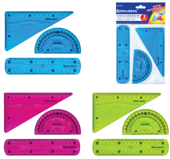 картинка Набор чертежный малый гибкий BRAUBERG "FLEX" (линейка 15см, угольник, транспортир), ассорти, 210678 от магазина МОЛТИ