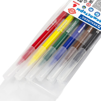 картинка Фломастеры BRAUBERG "PREMIUM", 6 цветов, КЛАССИЧЕСКИЕ, вентилируемый колпачок, ПВХ-упаковка с европодвесом, 151933 от магазина МОЛТИ