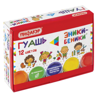 картинка Гуашь ПИФАГОР "ЭНИКИ-БЕНИКИ", 12 цветов по 10 мл, 191330 от магазина МОЛТИ