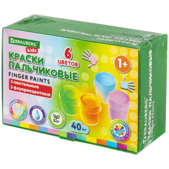 картинка Краски пальчиковые для малышей от 1 года, 6 цветов (3 пастельных + 3 флуоресцентных) по 40 мл, BRAUBERG KIDS, 192400 от магазина МОЛТИ