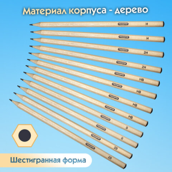 картинка Карандаши чернографитные чертежные школьные разной твердости НАБОР 12 штук 2H-2B, ПИФАГОР, 181883 от магазина МОЛТИ