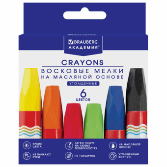 картинка Восковые мелки утолщенные BRAUBERG "АКАДЕМИЯ", НАБОР 6 цветов, на масляной основе, яркие цвета, 227294 от магазина МОЛТИ