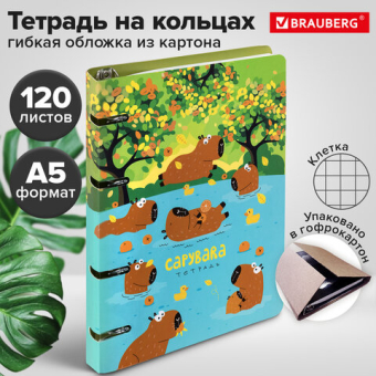 картинка Тетрадь на кольцах А5 160х212 мм, 120 листов, картон, выборочный лак, клетка, BRAUBERG, "Капибары", 404731 от магазина МОЛТИ
