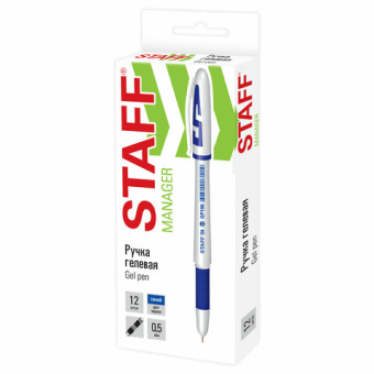 картинка Ручка гелевая с грипом STAFF "Manager" GP-196, СИНЯЯ, корпус белый, игольчатый узел 0,5 мм, линия письма 0,35 мм, 142394 от магазина МОЛТИ