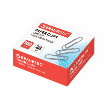 картинка Скрепки BRAUBERG, 28 мм, никелированные, 100 шт., в картонной коробке, Россия, 221523 от магазина МОЛТИ