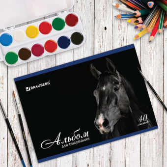 картинка Альбом для рисования, А4, 40 листов, скоба, обложка картон, BRAUBERG, 200х283 мм, "Благородные кони" (2 вида), 103728 от магазина МОЛТИ